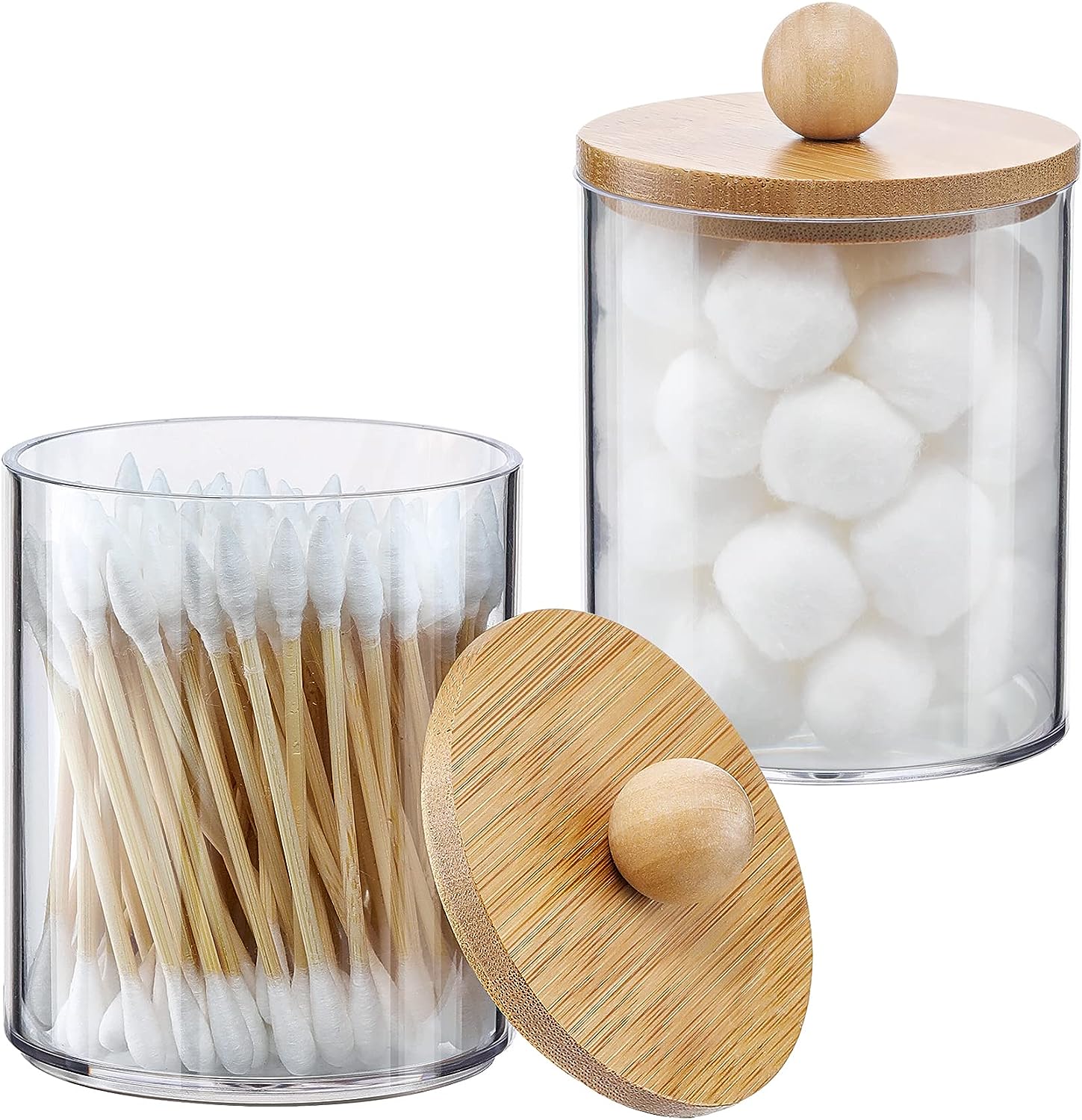Holder Dispenser with Bamboo Lids, Clear Plastic Jar, Containers for Vanity, Storage Jars, Bathroom Accessories Set for Cotton Swab -10 oz (4 Pcs) Holder Dispenser with Bamboo Lids, Clear Plastic Jar, Containers for Vanity, Storage Jars, Bathroom Accessories Set for Cotton Swab -10 oz (4 Pcs)